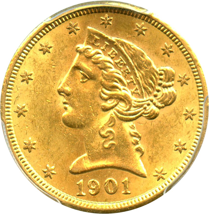 image for: 1901/0-S $5 PCGS/CAC MS62 (Overdate, FS-301)