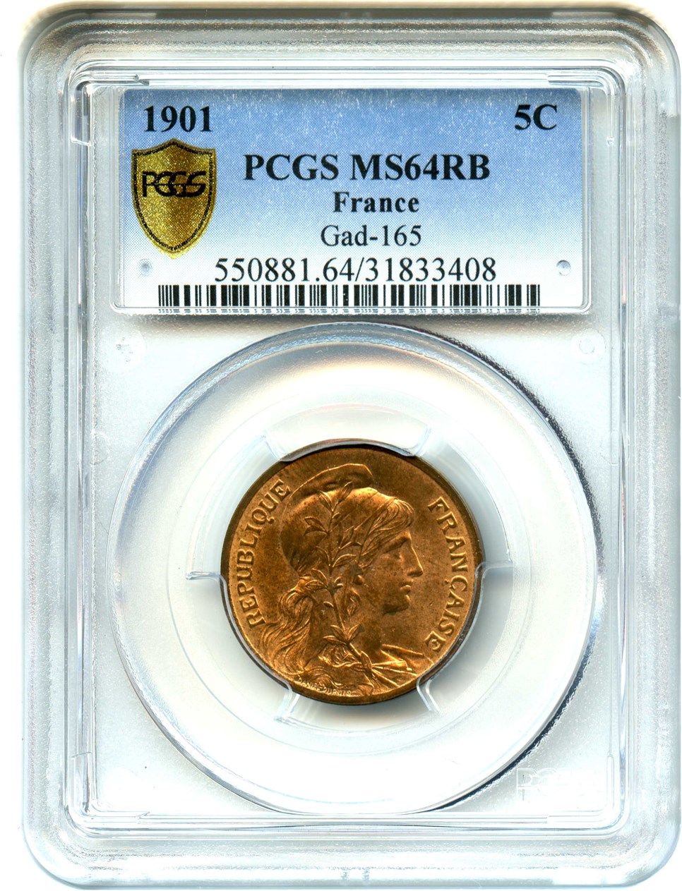 image for: France: 1901 5c PCGS Secure MS64RB (Gad-165, KM-842)