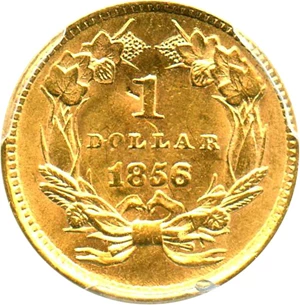 image for: 1856 G$1 PCGS Genuine AU Details (Type 3, Slanted 5, Damage)