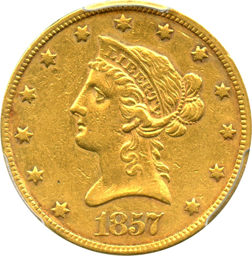 image for: 1857 $10 PCGS AU50