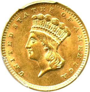 image for: 1856 G$1 PCGS Genuine AU Details (Type 3, Slanted 5, Damage)