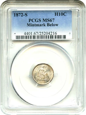 image for: 1872-S H10c PCGS MS67 (Mintmark Below Wreath)