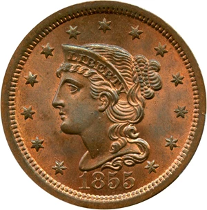 image for: 1855 1c PCGS/CAC MS65 RB (Upright 55)