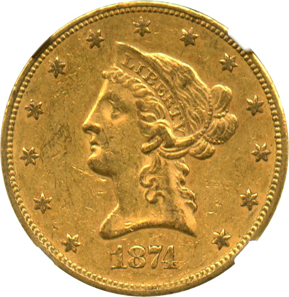 image for: 1874 $10 NGC/CAC AU55