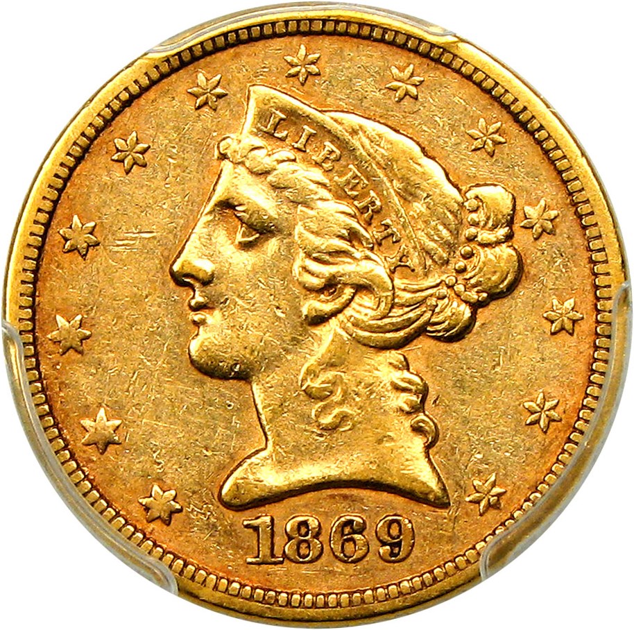 image for: 1869-S $5 PCGS AU50
