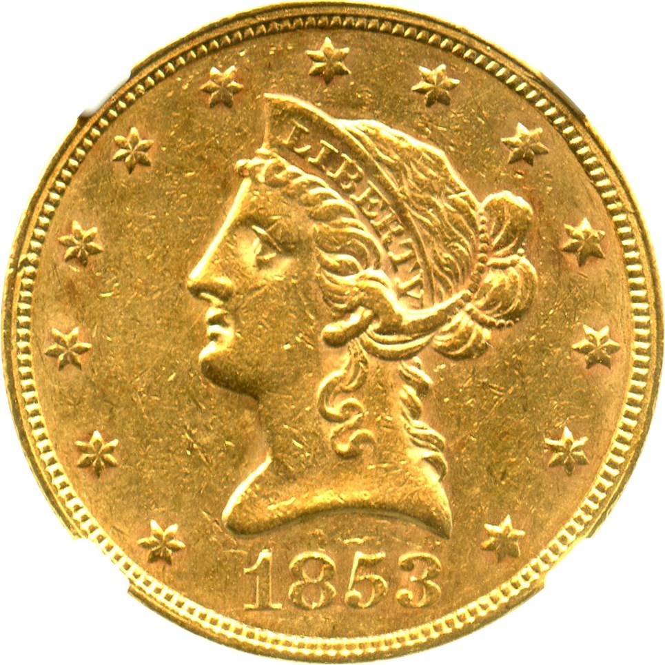 image for: 1853 $10 NGC/CAC AU55