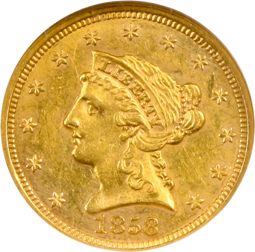 image for: 1858 $2 1/2 NGC/CAC AU58