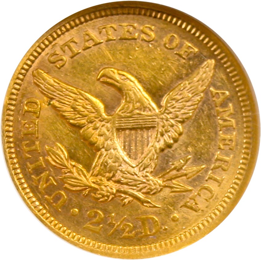 image for: 1858 $2 1/2 NGC/CAC AU58