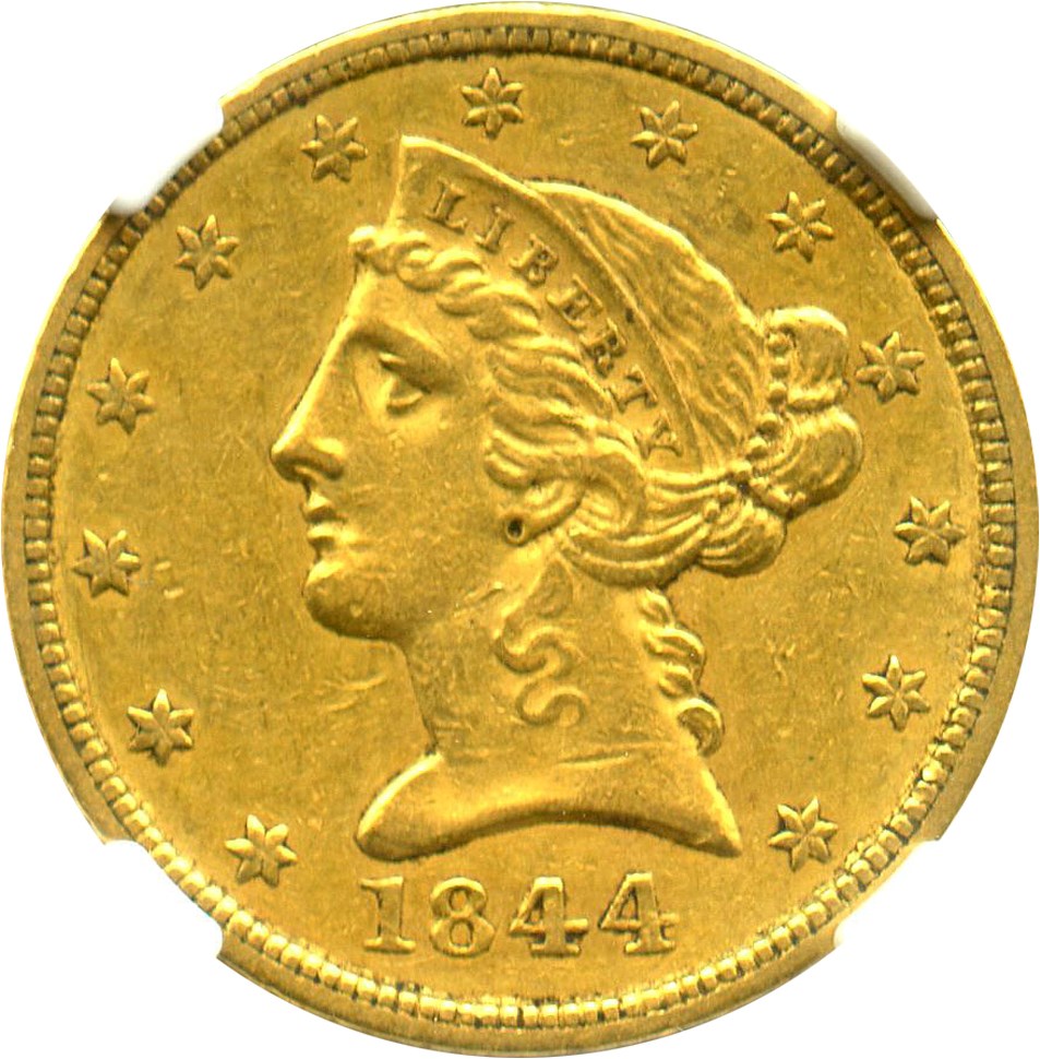 image for: 1844 $5 NGC/CAC AU55