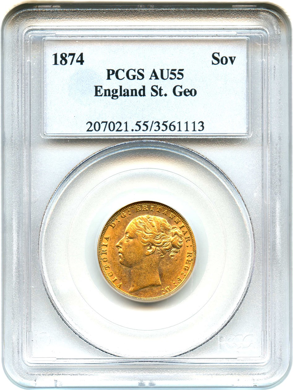 image for: Great Britain: 1874 Gold Sovereign PCGS AU55 (KM-752) .2354oz Gold