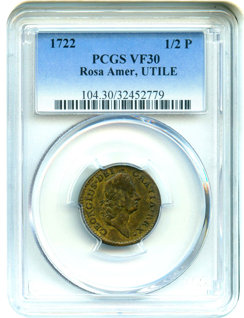 image for: 1722 Rosa Americana 1/2 P PCGS VF30 BN (UTILE)