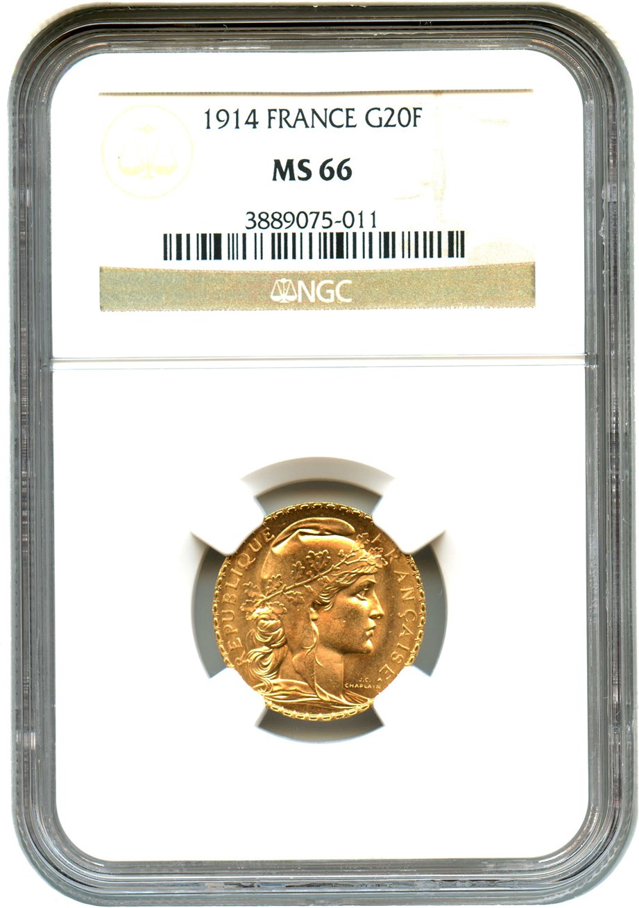 image for: France: 1914 20 Fr NGC MS66 (KM-857) 0.1867 oz. Gold