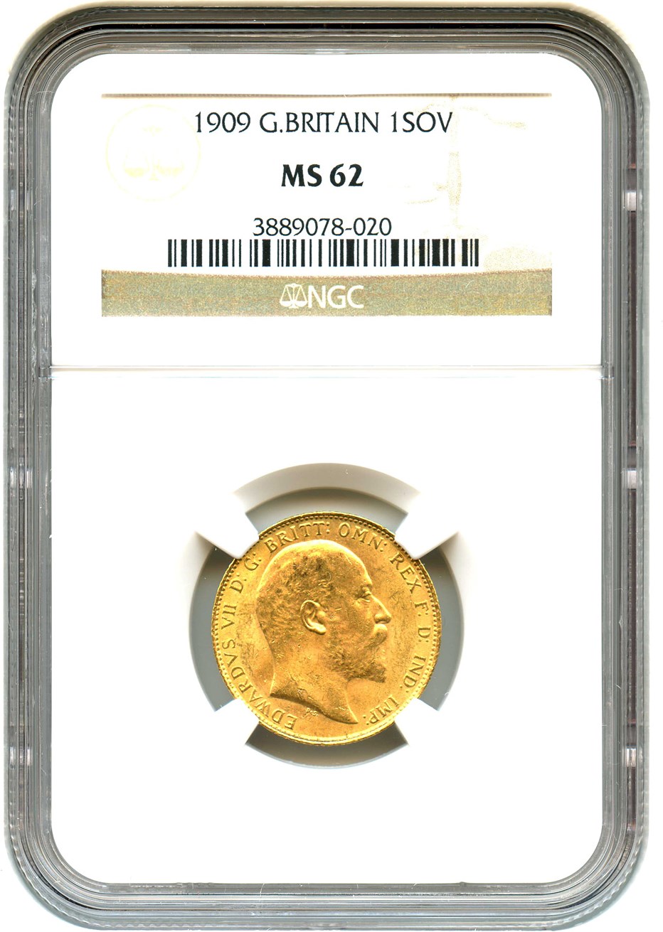 image for: Great Britain: 1909 Sovereign NGC MS62 (KM#805) 0.2354 oz Gold - No Reserve!