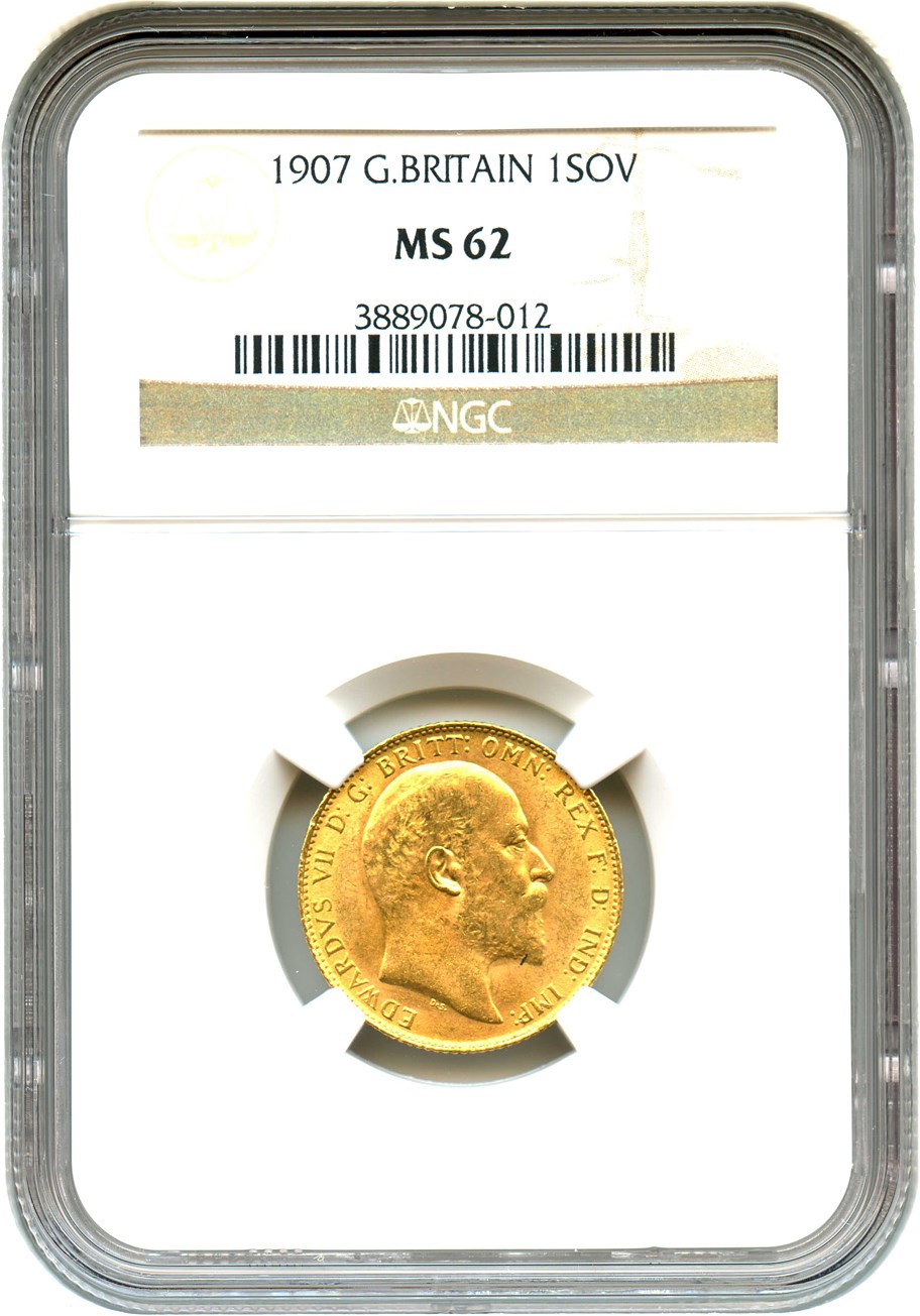 image for: Great Britain: 1907 Sovereign NGC MS62 (KM#805) 0.2354 oz Gold