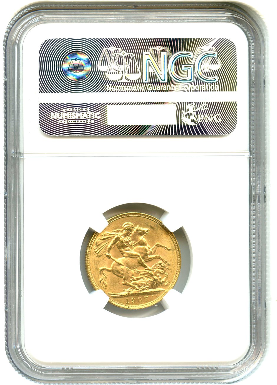 image for: Great Britain: 1907 Sovereign NGC MS61 (KM#805) 0.2354 oz Gold