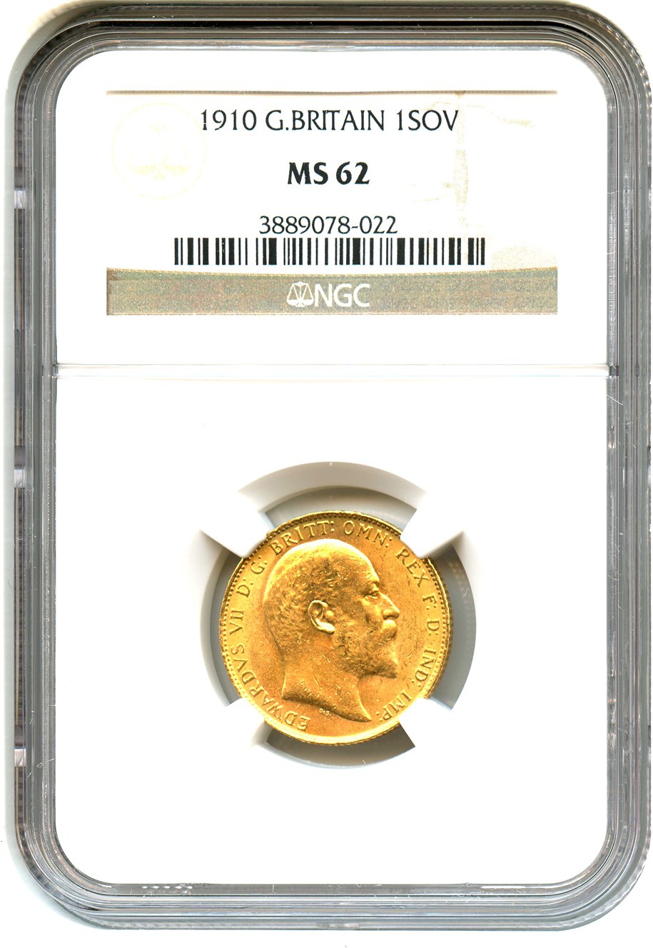image for: Great Britain: 1910 Sovereign NGC MS62 (KM#805) 0.2354 oz Gold