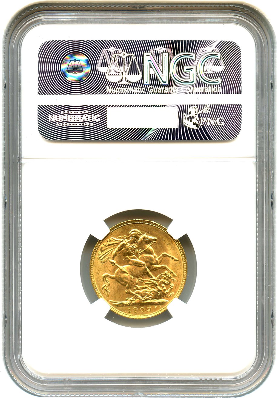 image for: Great Britain: 1909 Sovereign NGC MS62 (KM#805) 0.2354 oz Gold - No Reserve!