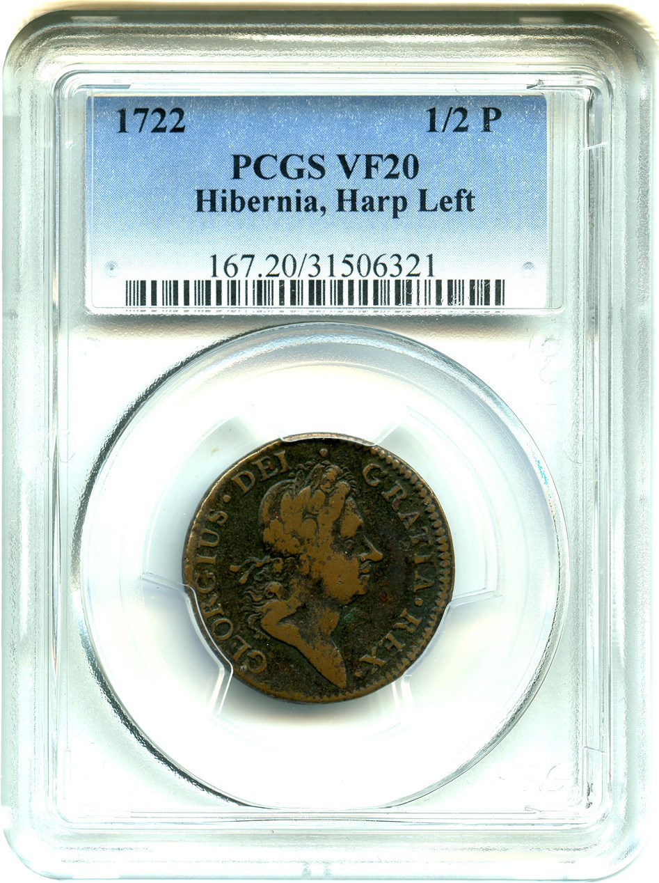 image for: 1722 Hibernia 1/2 P PCGS VF20 (Harp Left)