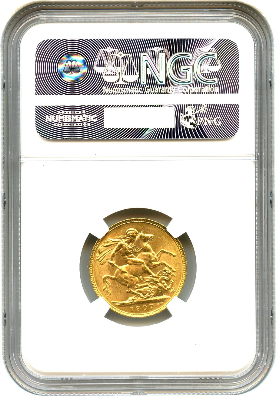 image for: Great Britain: 1907 Sovereign NGC MS62 (KM#805) 0.2354 oz Gold
