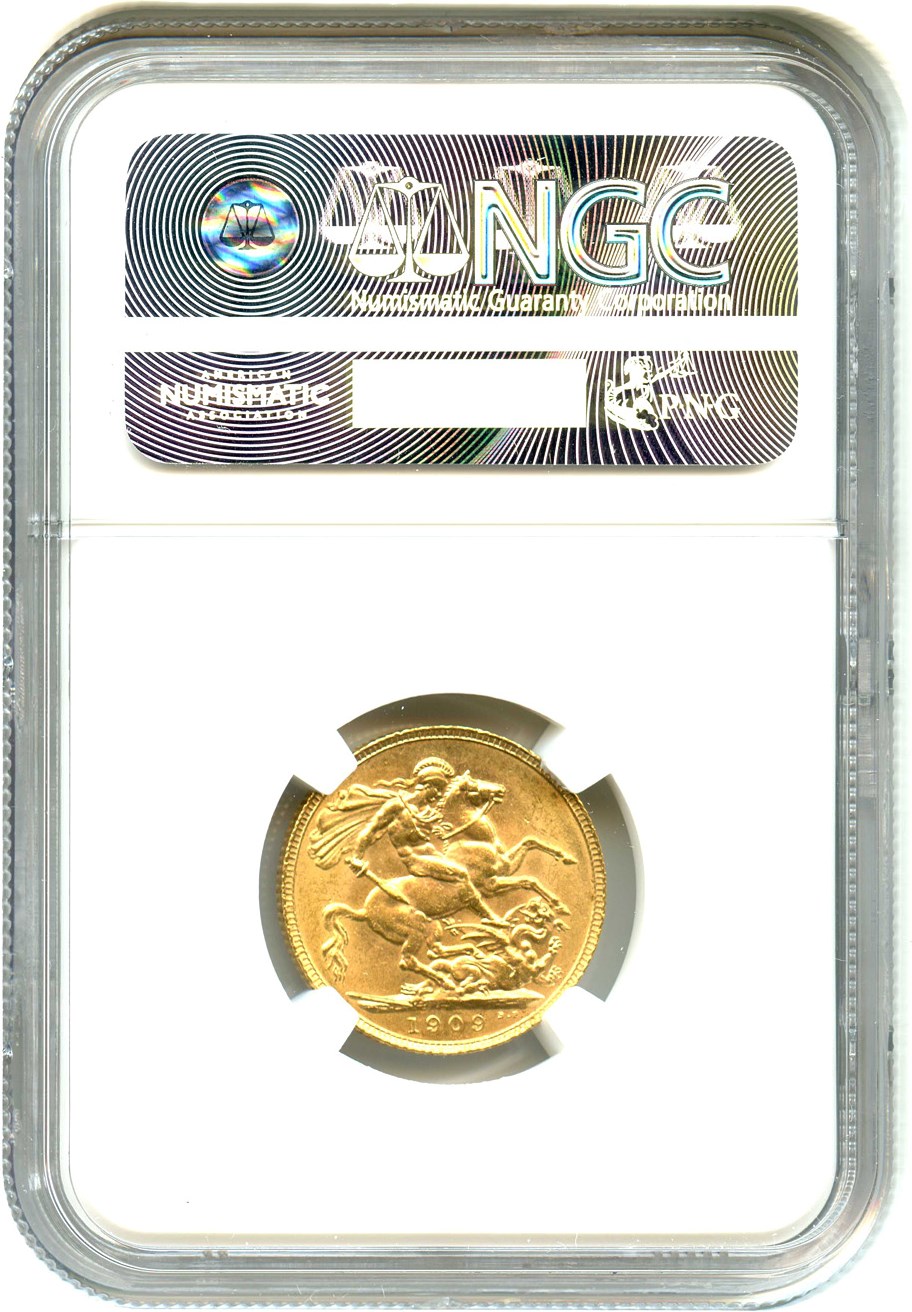 image for: Great Britain: 1909 Sovereign NGC MS62 (KM#805) 0.2354 oz Gold