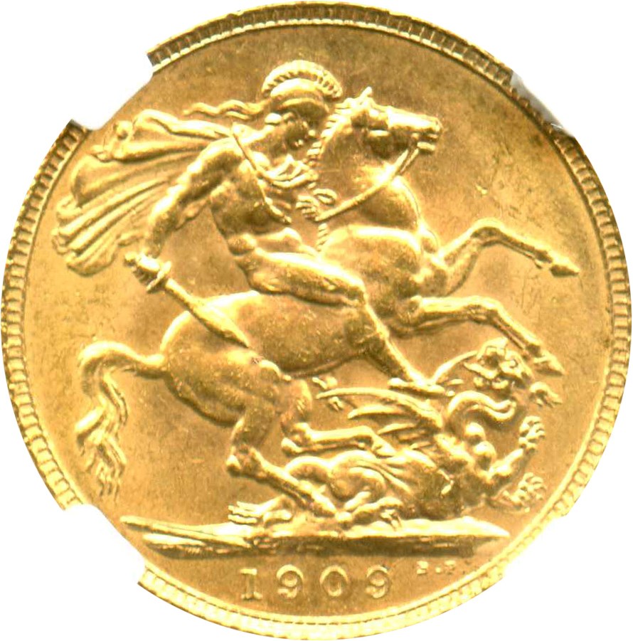 image for: Great Britain: 1909 Sovereign NGC MS62 (KM#805) 0.2354 oz Gold