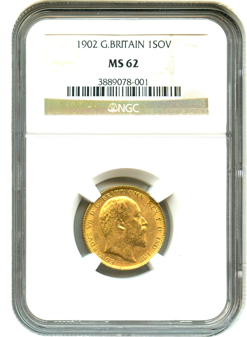 image for: Great Britain: 1902 Sovereign NGC MS62 (KM#805) 0.2354 oz Gold