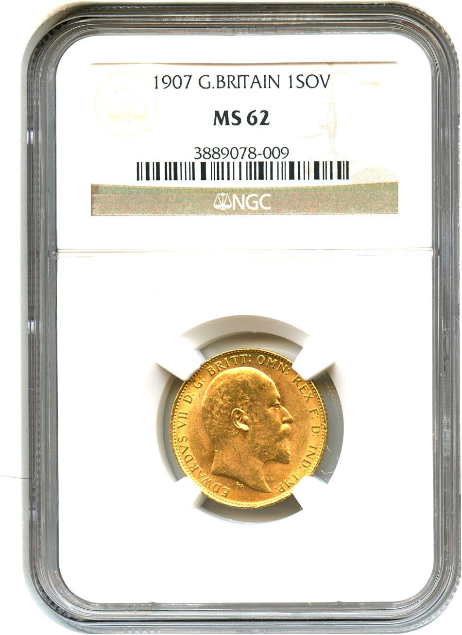 image for: Great Britain: 1907 Sovereign NGC MS62 (KM#805) 0.2354 oz Gold - No Reserve!