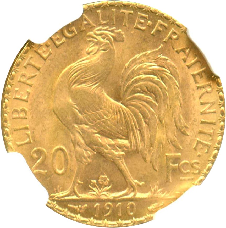 image for: France: 1910 20 Gold Franc NGC MS65 (KM-857) .1867oz Gold