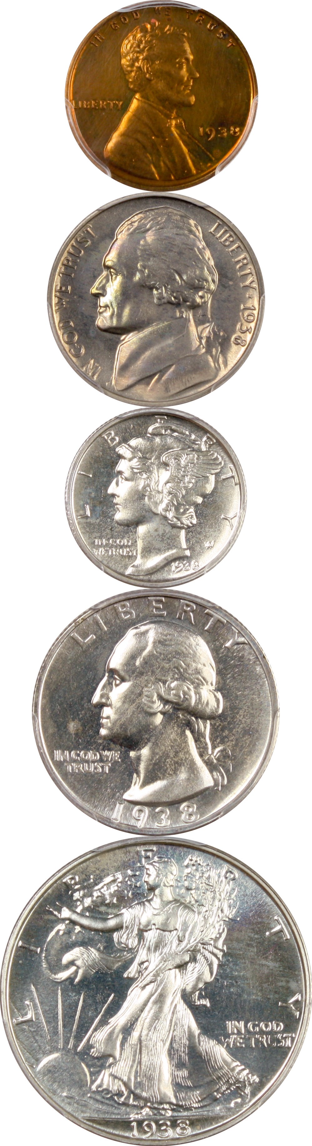 image for: 1938 Proof Set 1c-50c PCGS/CAC PR63RB, PR65, PR64, PR65, PR65 (5 Coins)