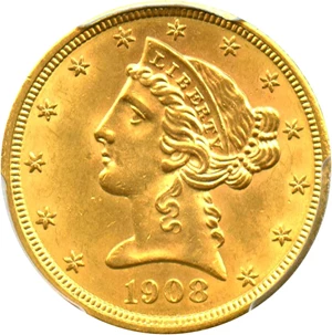 image for: 1908 Liberty $5 PCGS MS62 - No Reserve!