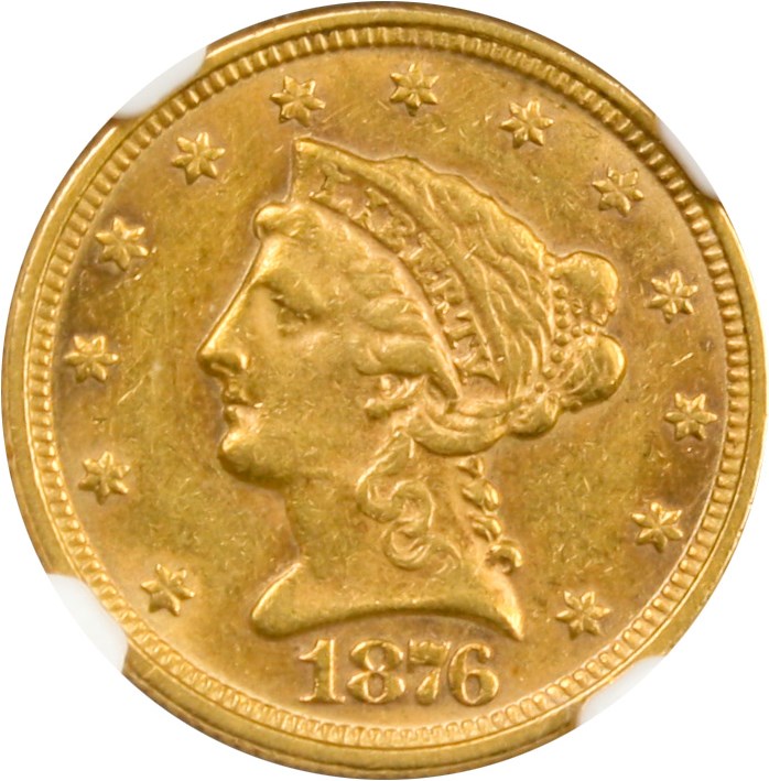 image for: 1876 $2 1/2 NGC/CAC AU58