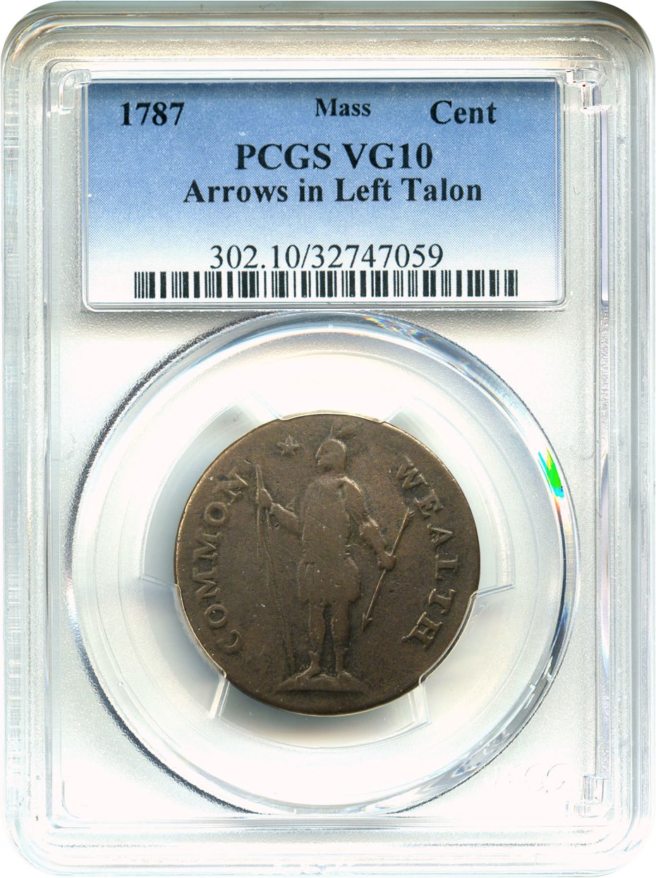 image for: 1787 Massachusetts Cent PCGS VG-10 BN (Left Arrows)