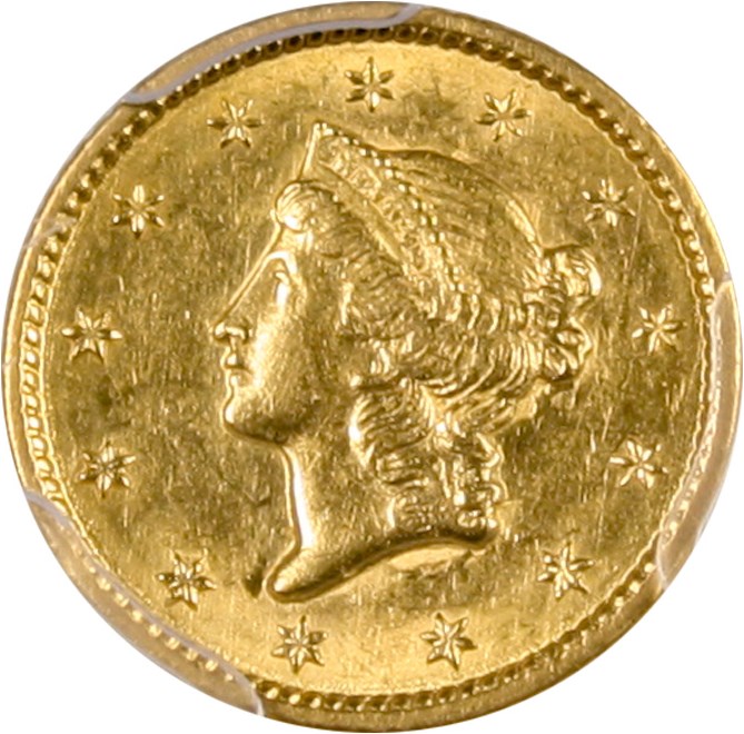 image for: 1849 G$1 PCGS AU58 (Closed Wreath)