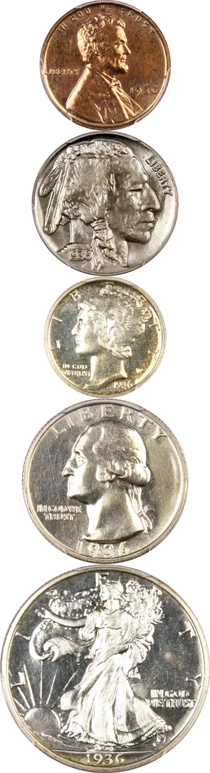 image for: 1936 Proof Set 1c-50c PCGS/CAC Proof 64,67,65,64,63 (5 Coins)