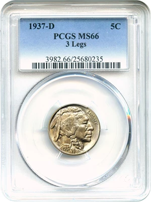 image for: 1937-D 3 Legged 5c PCGS MS66