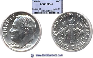 image for: 1971-D 10c PCGS MS65