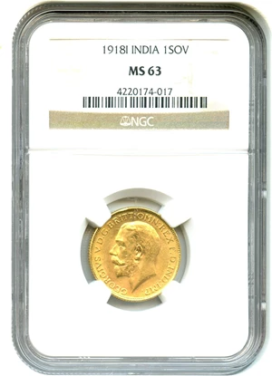 image for: India-British: 1918I Gold Sovereign NGC MS63 (KM-525A) .2355oz Gold