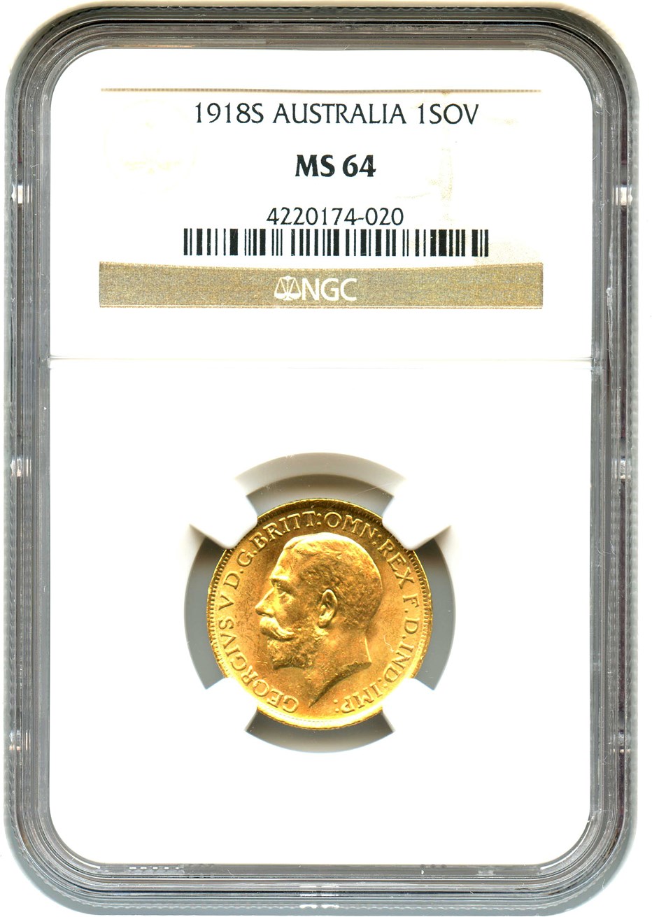 image for: Australia: 1918-S Gold Sovereign NGC MS64 (KM-29) .2355oz Gold