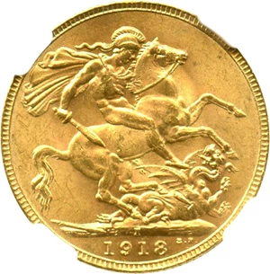 image for: India-British: 1918I Gold Sovereign NGC MS63 (KM-525A) .2355oz Gold