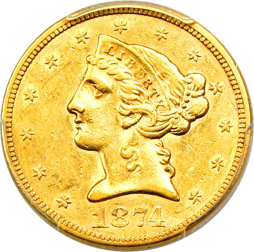 image for: 1874-S $5 PCGS AU55