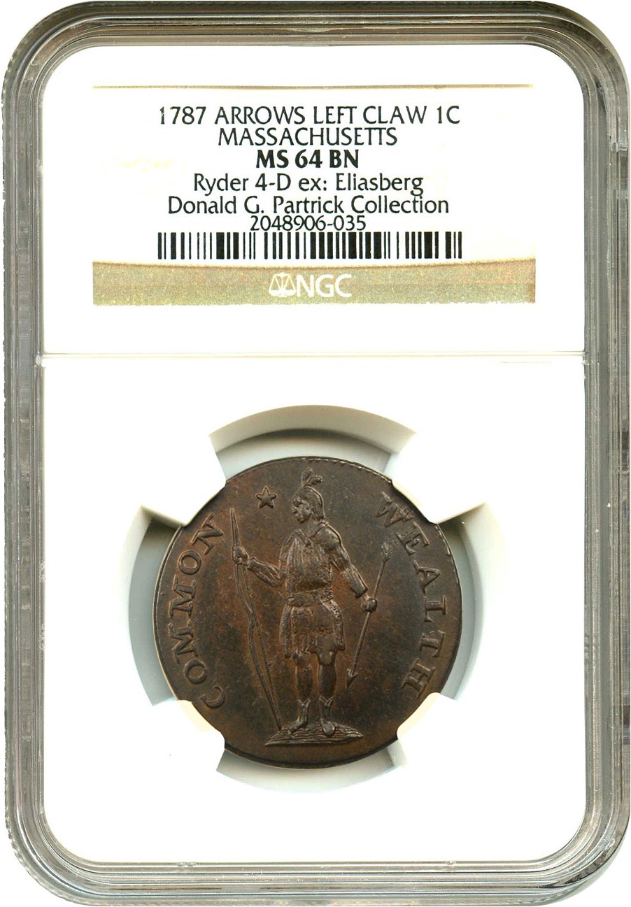 image for: 1787 Massachusetts Cent NGC MS64 BN (Arrows Left Claw,Ryder 4-D)