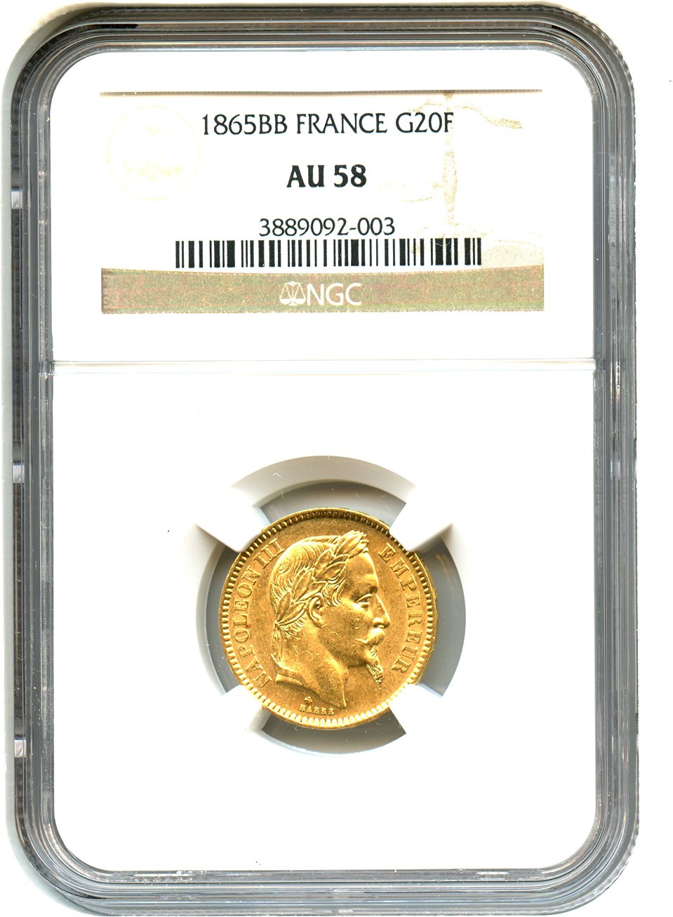 image for: France: 1865-BB 20 Gold Franc NGC AU58 (KM-801.2) .1867oz Gold