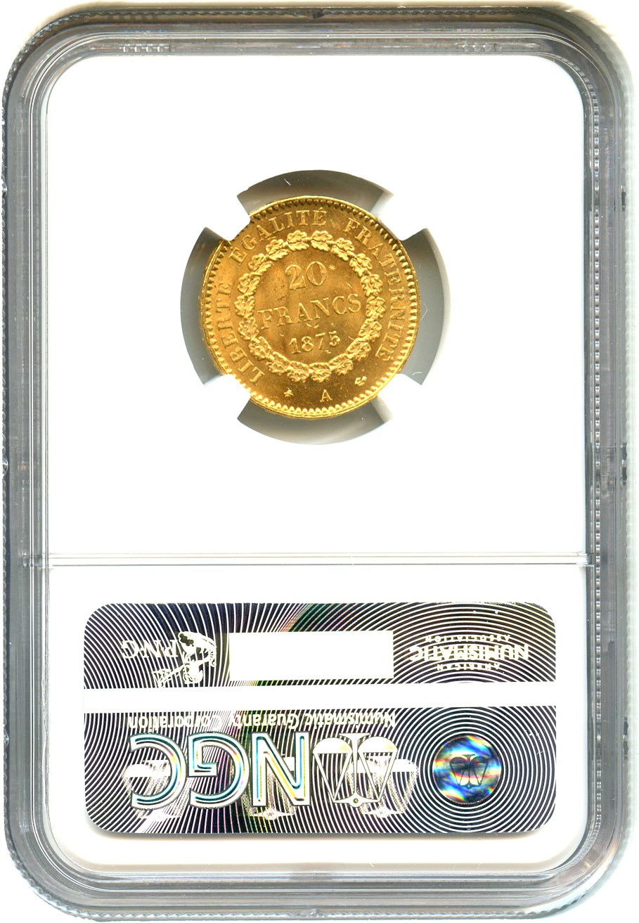 image for: France: 1875-A 20 Gold Franc NGC MS64 (KM-825) .1867oz Gold
