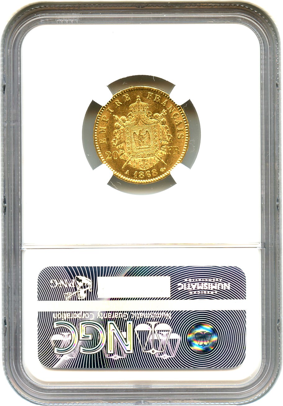 image for: France: 1868-A 20 Gold France NGC MS62 (KM-801.1) .1867oz Gold