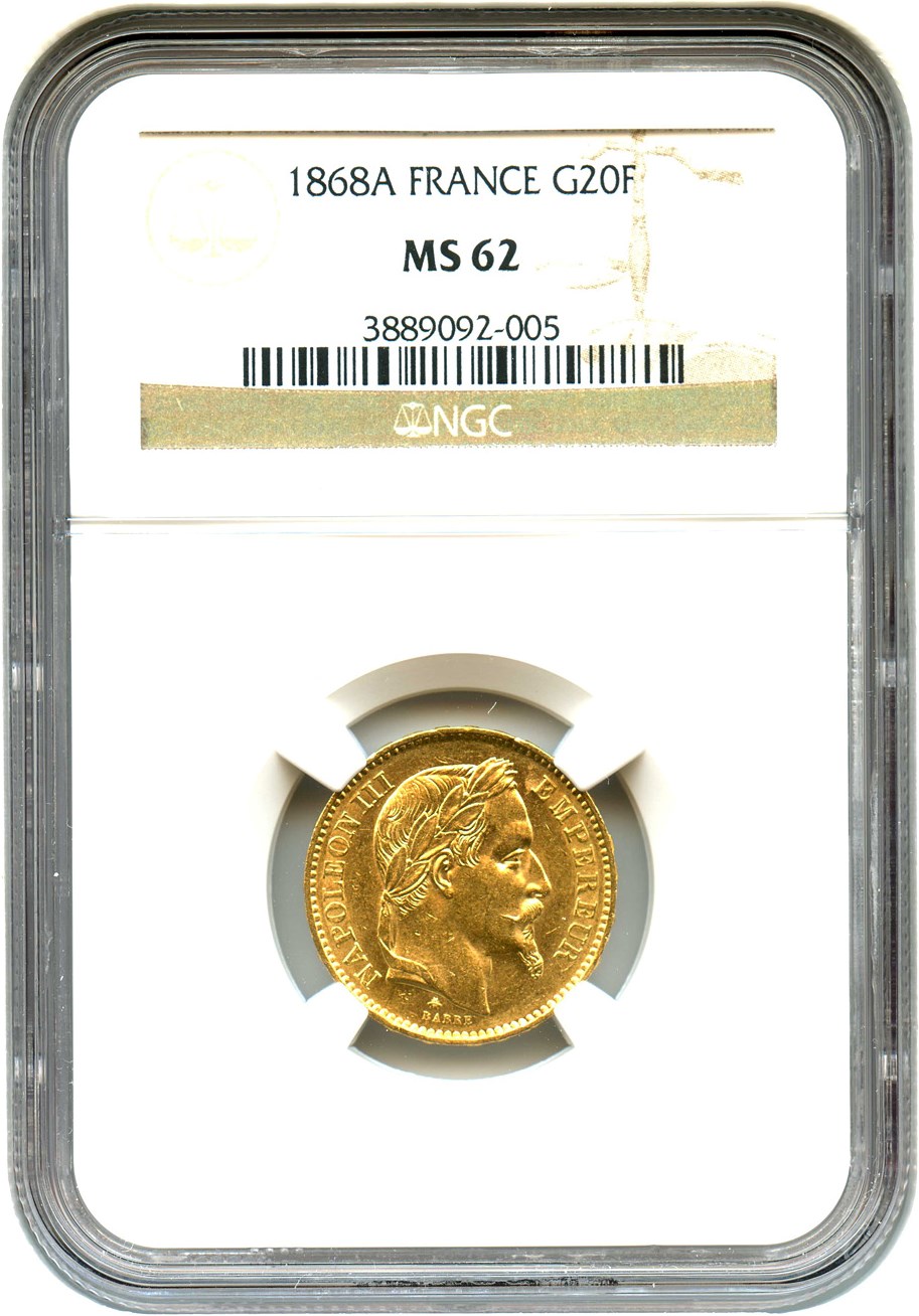 image for: France: 1868-A 20 Gold France NGC MS62 (KM-801.1) .1867oz Gold
