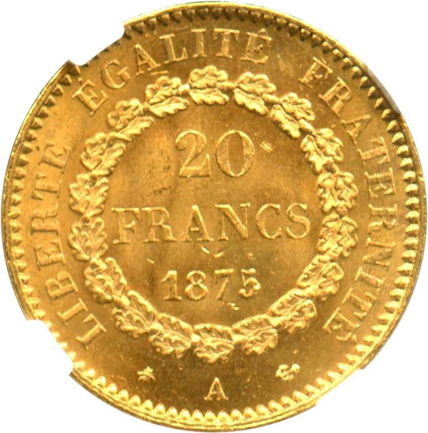 image for: France: 1875-A 20 Gold Franc NGC MS64 (KM-825) .1867oz Gold