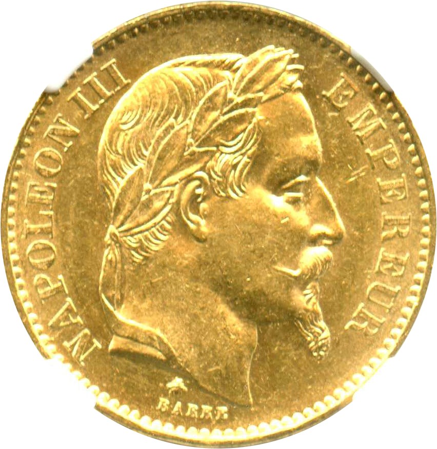 image for: France: 1868-A 20 Gold France NGC MS62 (KM-801.1) .1867oz Gold