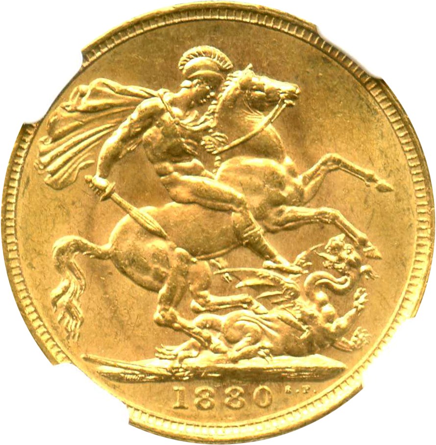 image for: Australia: 1880-M St.George Gold Sovereign NGC MS61 (KM-7) .2354oz Gold