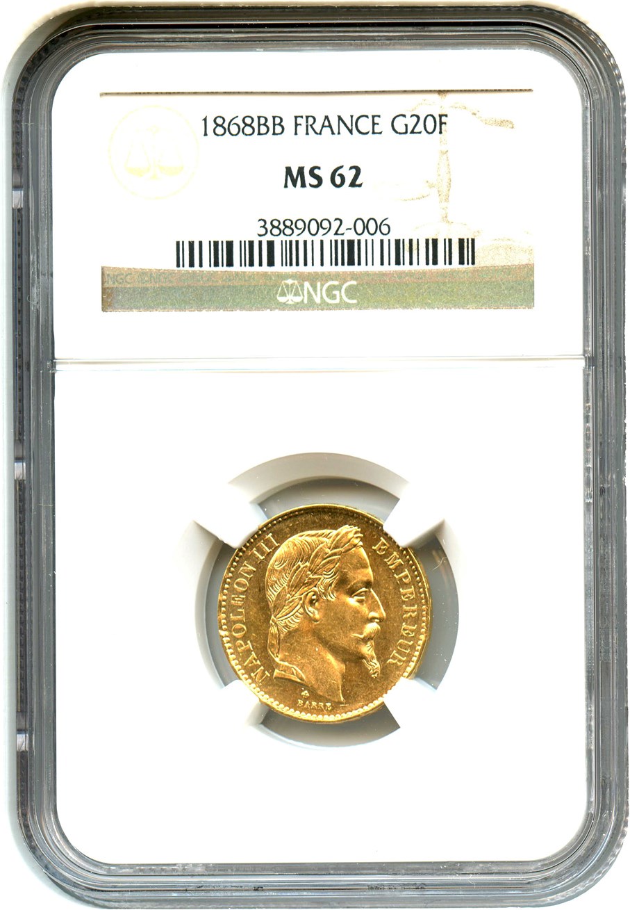 image for: France: 1868-BB 20 Gold Franc NGC MS62 (KM-801.2) .1867oz Gold