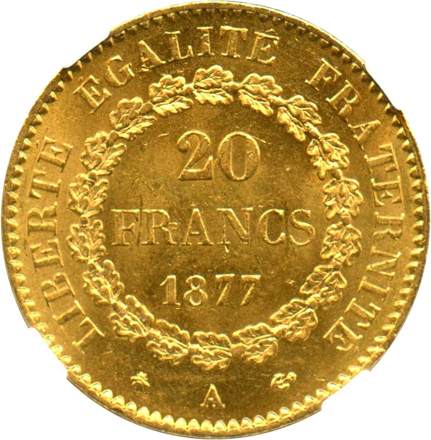 image for: France: 1877-A 20 Gold Franc NGC MS65 (KM-825) .1867oz Gold